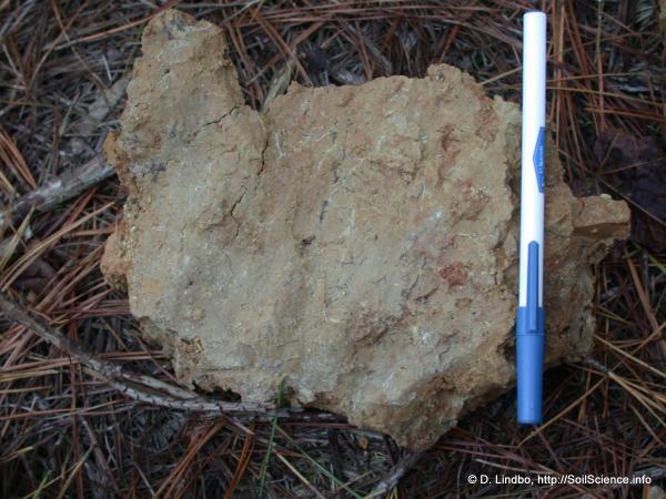 A chunk of dry clay soil, with a pen for scale